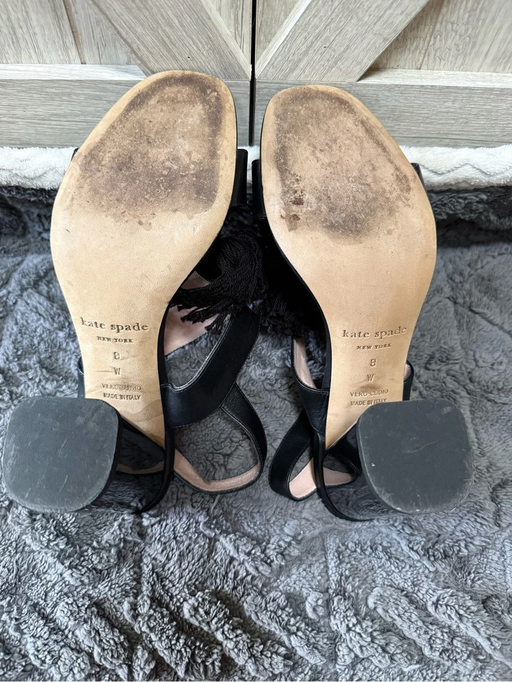 Kate Spade New York-Black leather boho tassel block sandals - “Central Too”(8)
